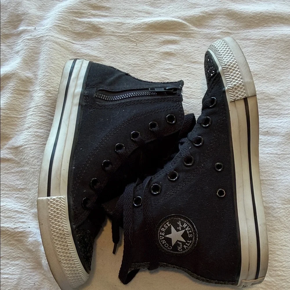 Converse Chuck Taylor All Star Black High Top Glitter Toe Zipper Kids Sneakers